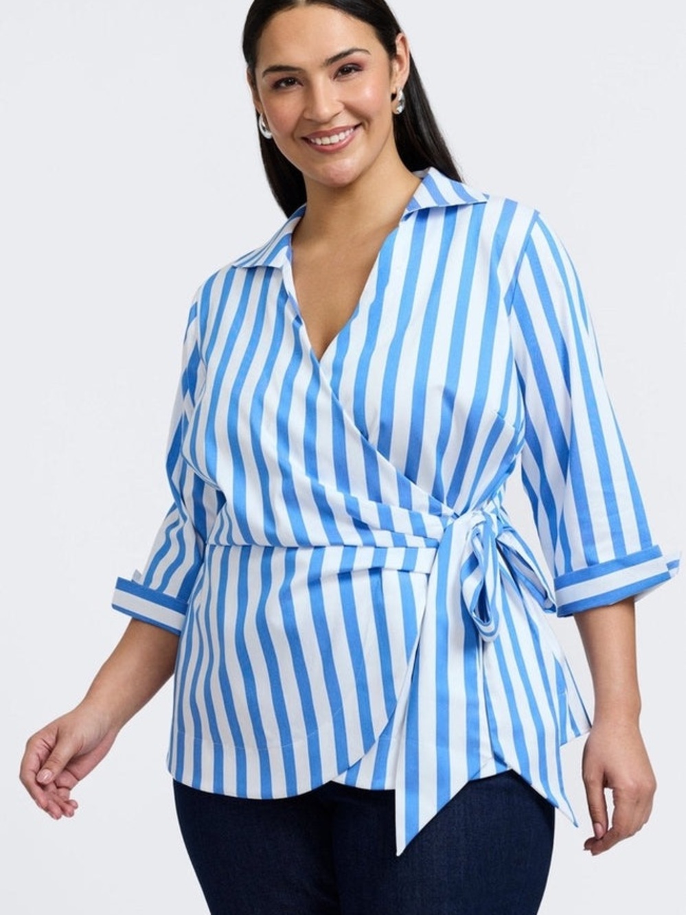 Foxcroft- Salina Plus Springtime Stripe 3/4 Sleeve Shirt